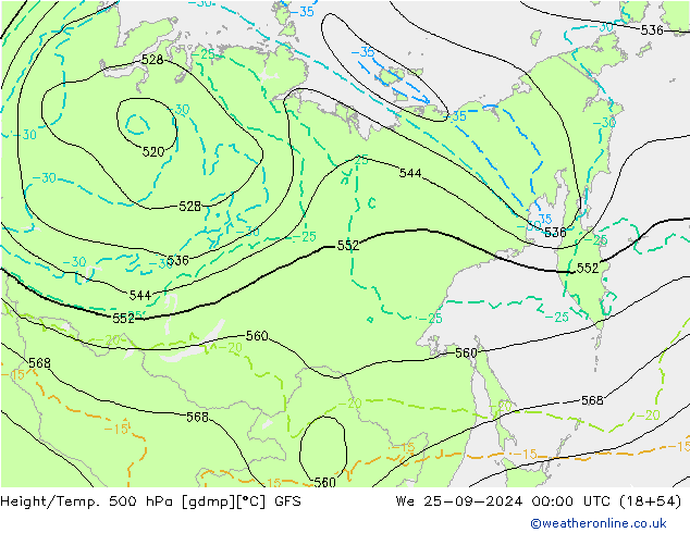 Z500/Yağmur (+YB)/Z850 GFS Çar 25.09.2024 00 UTC