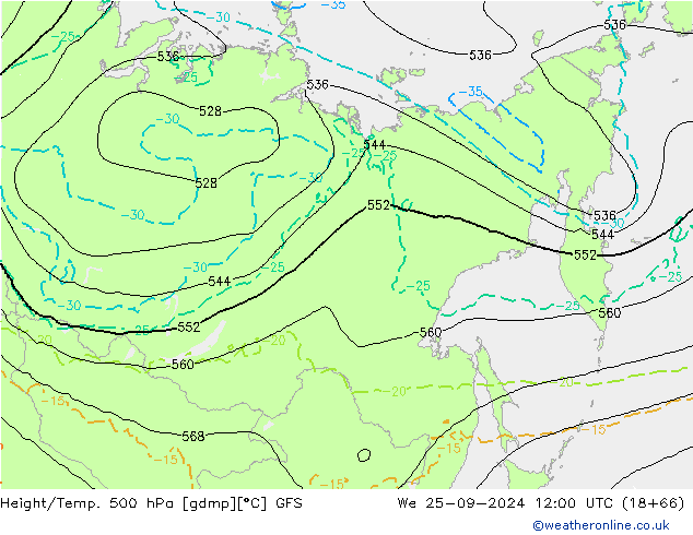 Z500/Rain (+SLP)/Z850 GFS mer 25.09.2024 12 UTC