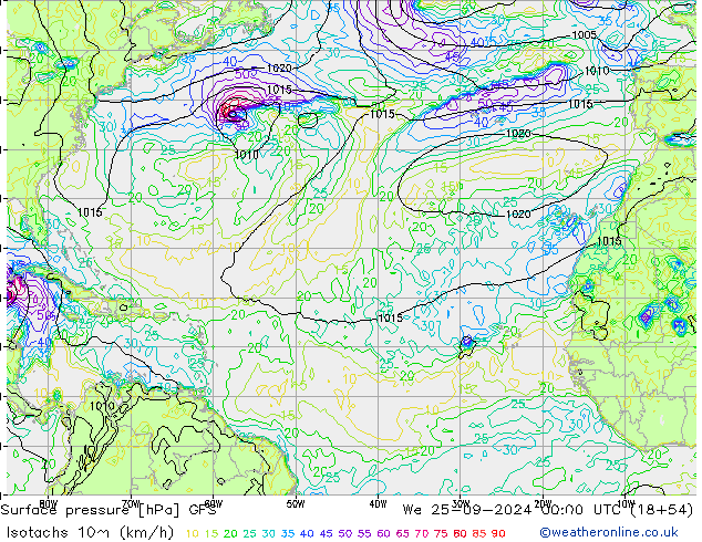 Isotachs (kph) GFS ср 25.09.2024 00 UTC