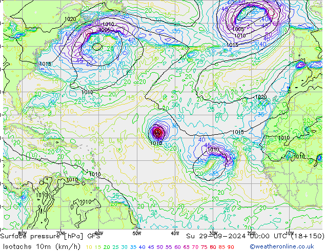 Isotachs (kph) GFS Dom 29.09.2024 00 UTC