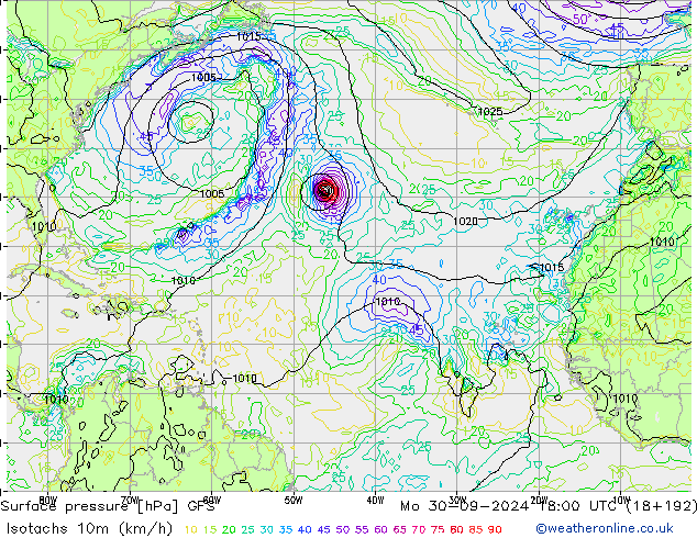 Isotachs (kph) GFS Po 30.09.2024 18 UTC