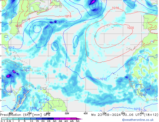 Precipitation (6h) GFS Po 23.09.2024 06 UTC