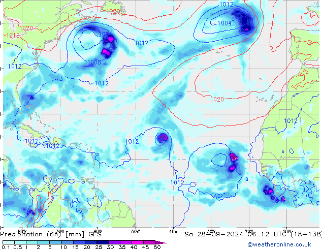 Totale neerslag (6h) GFS za 28.09.2024 12 UTC