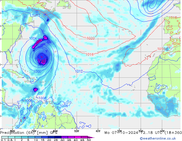 осадки (6h) GFS пн 07.10.2024 18 UTC