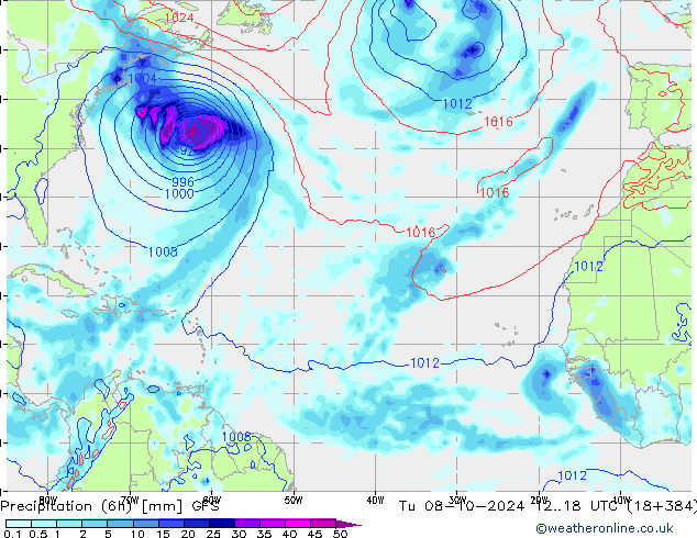 Nied. akkumuliert (6Std) GFS Di 08.10.2024 18 UTC