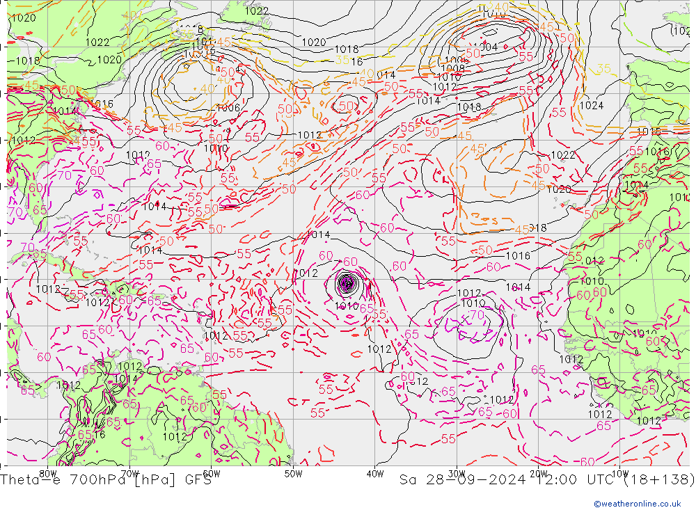 Theta-e 700гПа GFS сб 28.09.2024 12 UTC