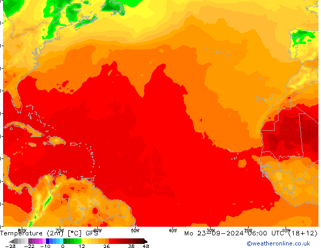 Temperatuurkaart (2m) GFS ma 23.09.2024 06 UTC