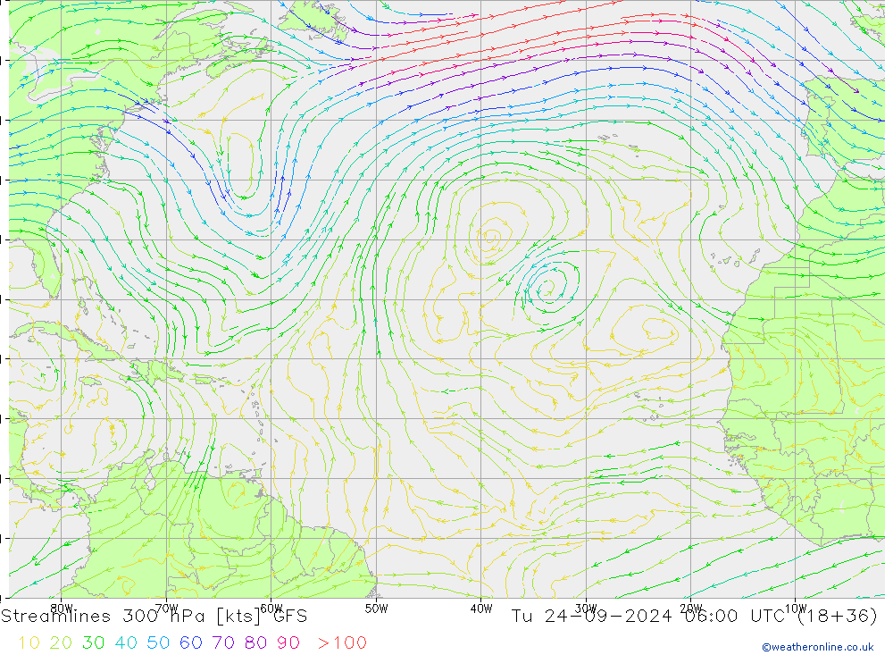 Línea de corriente 300 hPa GFS mar 24.09.2024 06 UTC