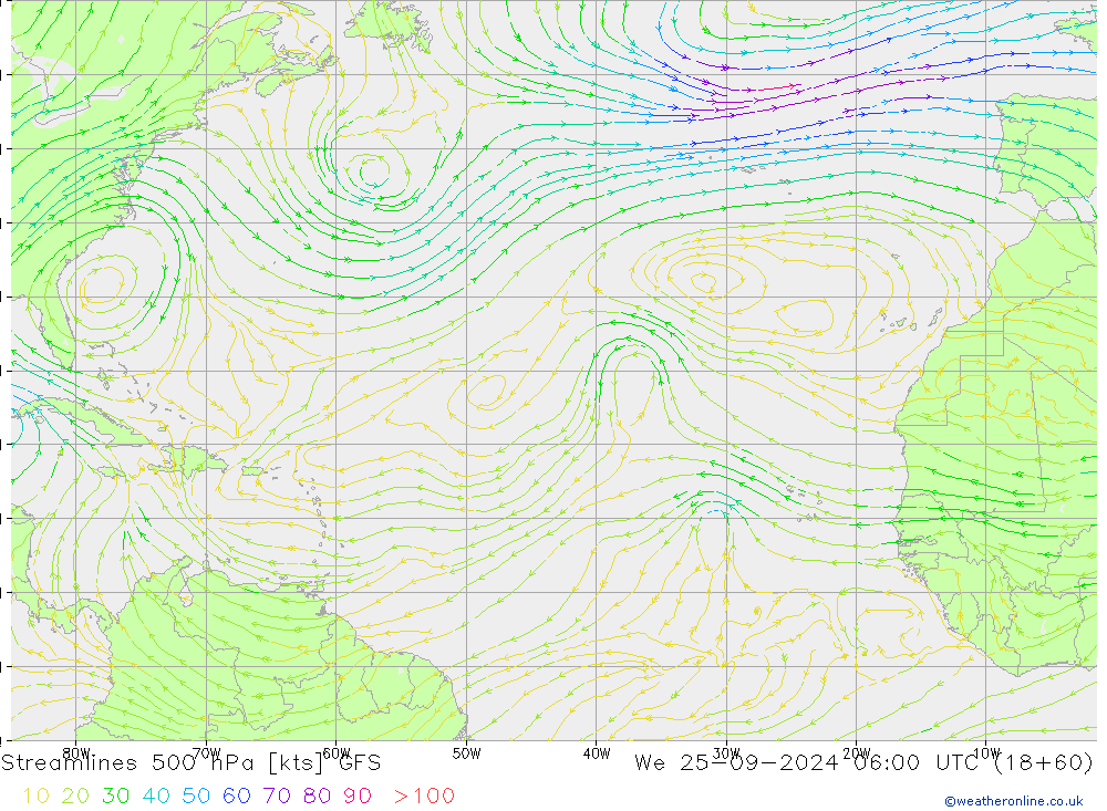 Linea di flusso 500 hPa GFS mer 25.09.2024 06 UTC