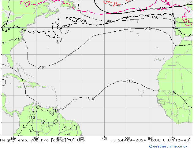 Height/Temp. 700 hPa GFS wto. 24.09.2024 18 UTC