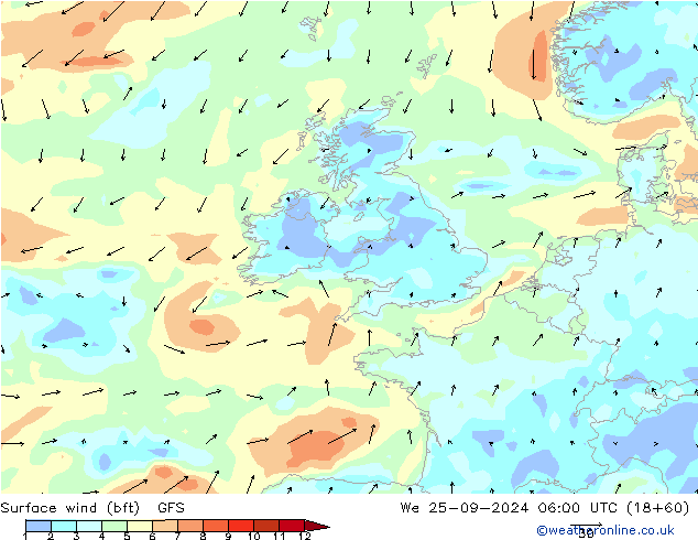 Surface wind (bft) GFS We 25.09.2024 06 UTC