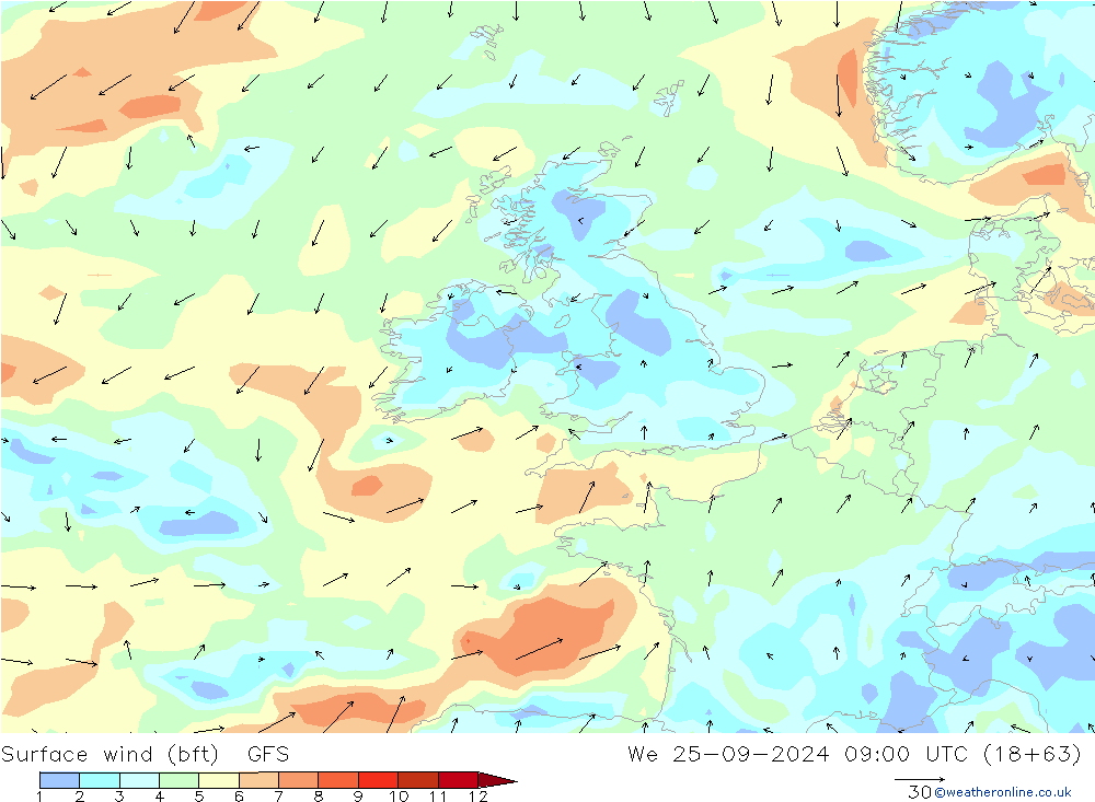 Rüzgar 10 m (bft) GFS Çar 25.09.2024 09 UTC