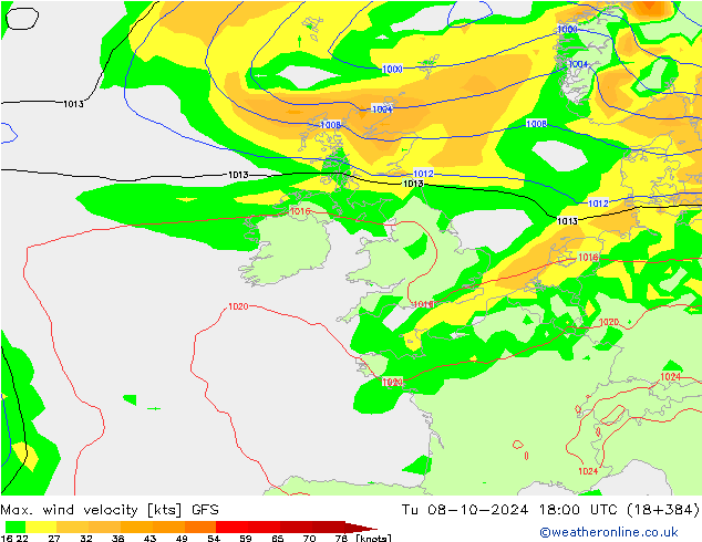 Max. wind velocity GFS Tu 08.10.2024 18 UTC