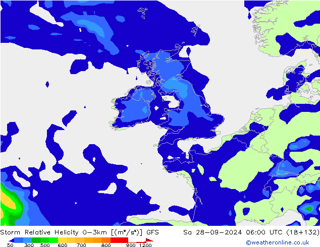 Storm Relative Helicity GFS Sa 28.09.2024 06 UTC