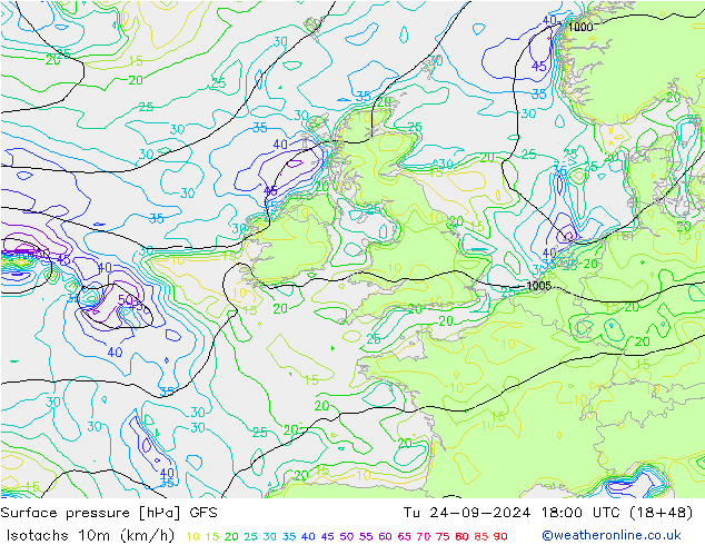 Izotacha (km/godz) GFS wto. 24.09.2024 18 UTC