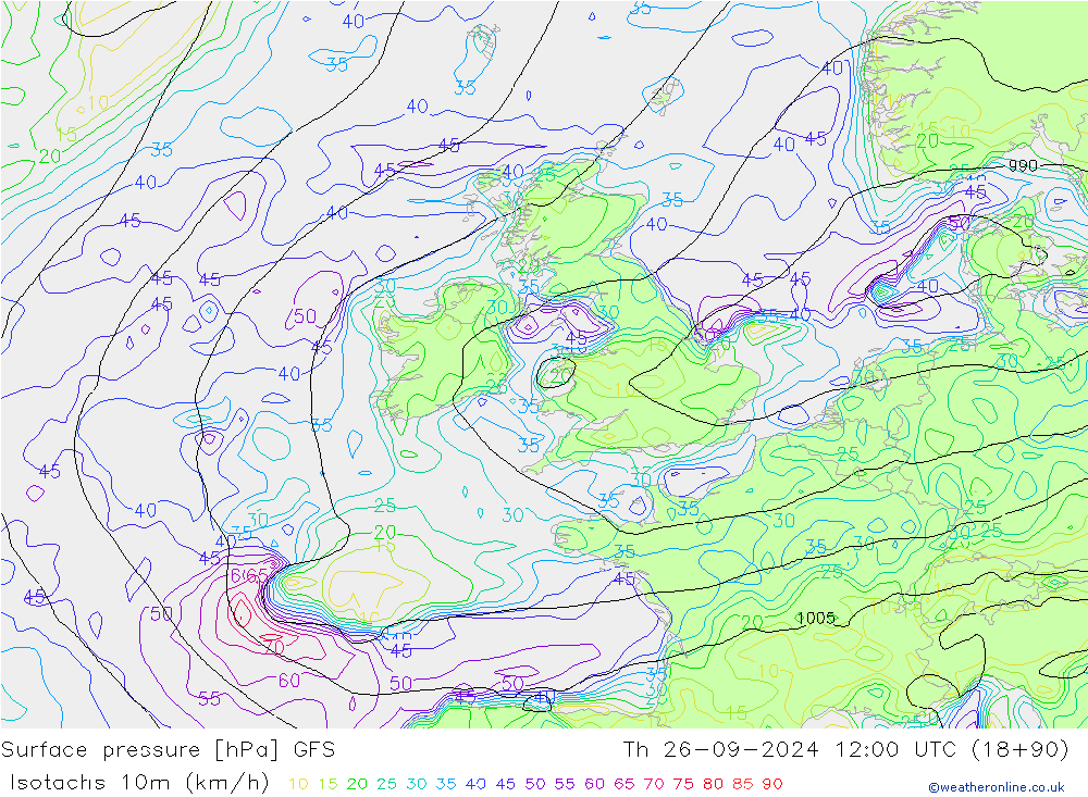 Isotachs (kph) GFS Th 26.09.2024 12 UTC