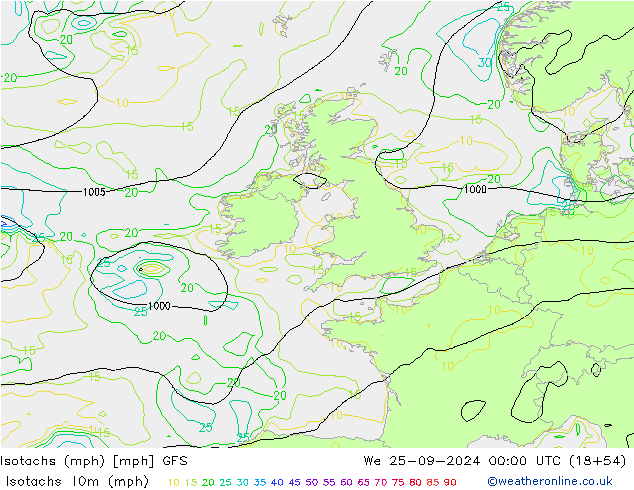 Isotachs (mph) GFS We 25.09.2024 00 UTC