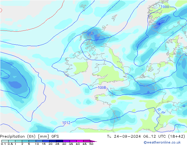 Precipitation (6h) GFS Tu 24.09.2024 12 UTC