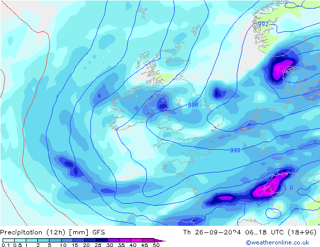 Totale neerslag (12h) GFS do 26.09.2024 18 UTC