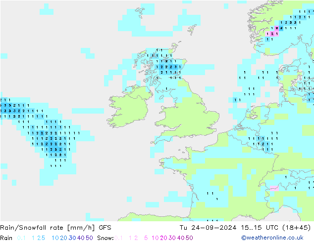 Rain/Snowfall rate GFS Tu 24.09.2024 15 UTC