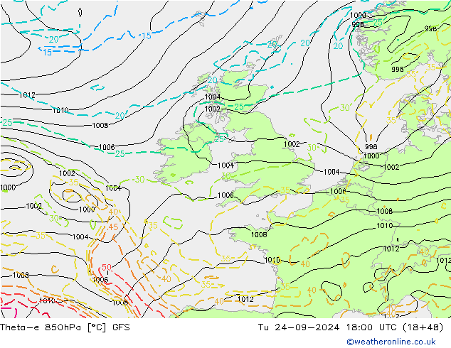 Theta-e 850hPa GFS wto. 24.09.2024 18 UTC