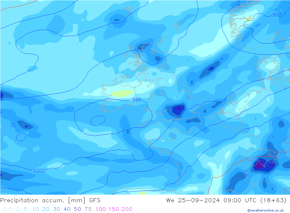 Precipitation accum. GFS śro. 25.09.2024 09 UTC