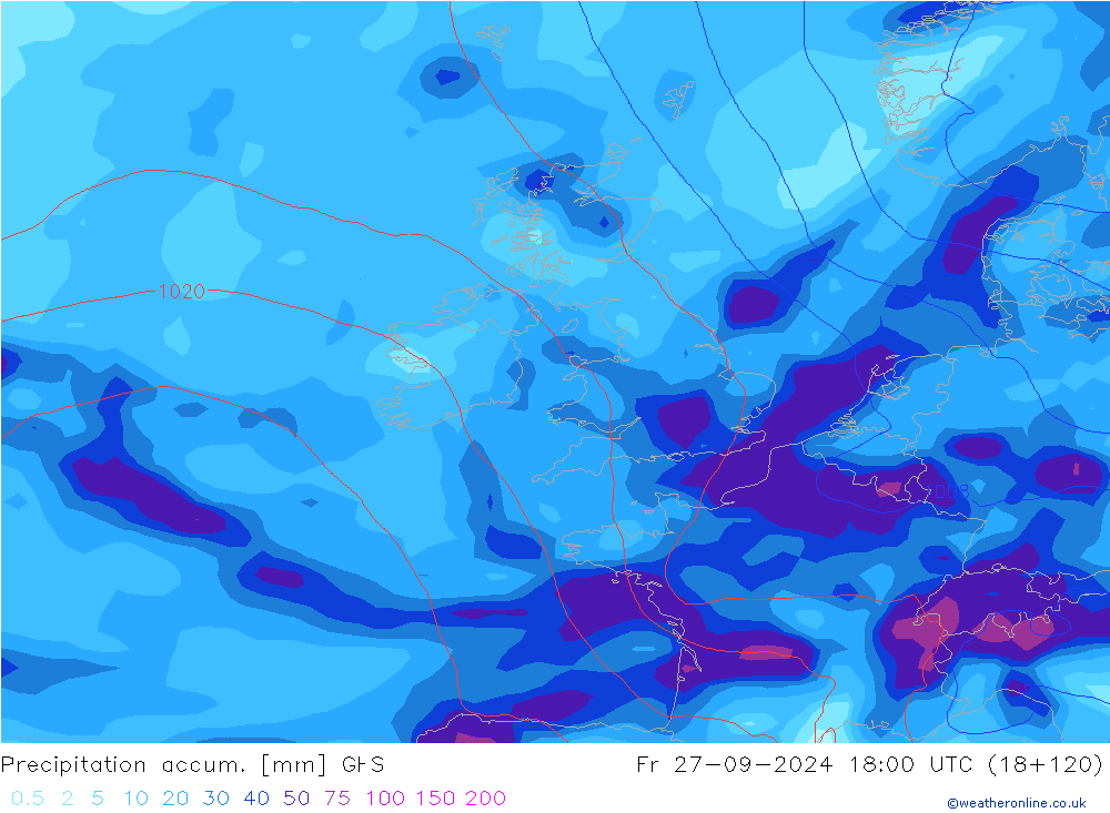 Precipitation accum. GFS пт 27.09.2024 18 UTC