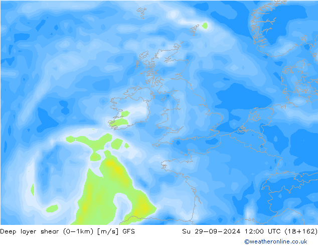 Deep layer shear (0-1km) GFS Paz 29.09.2024 12 UTC