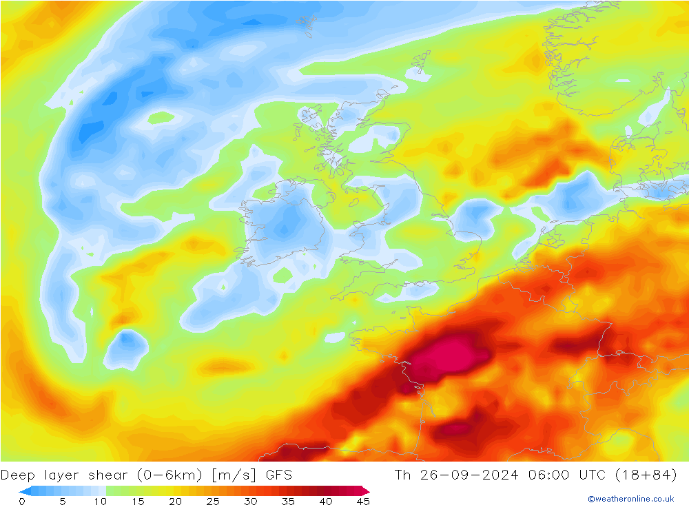 Deep layer shear (0-6km) GFS Th 26.09.2024 06 UTC