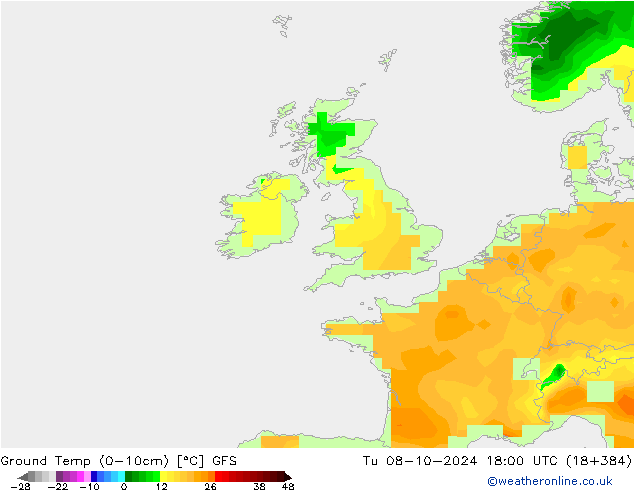 Ground Temp (0-10cm) GFS Tu 08.10.2024 18 UTC