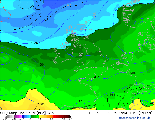 SLP/Temp. 850 hPa GFS Tu 24.09.2024 18 UTC