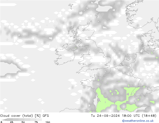 zachmurzenie (suma) GFS wto. 24.09.2024 18 UTC