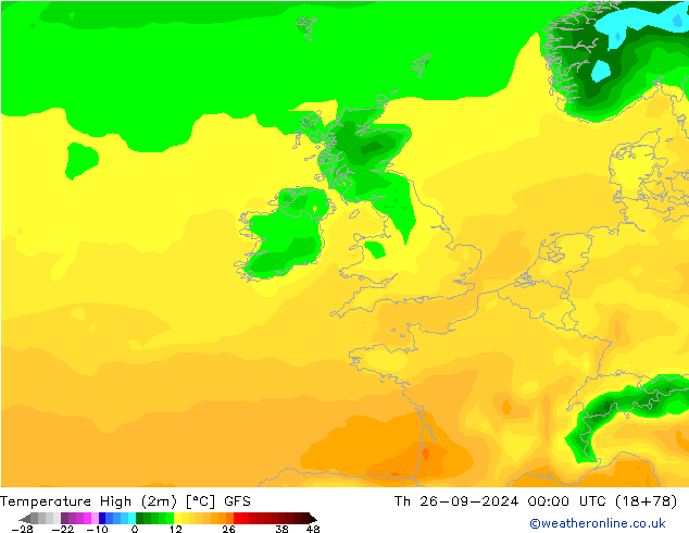 Temperature High (2m) GFS Th 26.09.2024 00 UTC