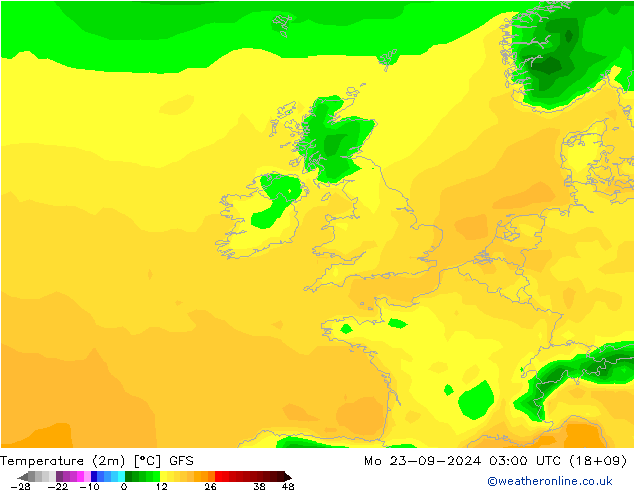 Temperatuurkaart (2m) GFS ma 23.09.2024 03 UTC