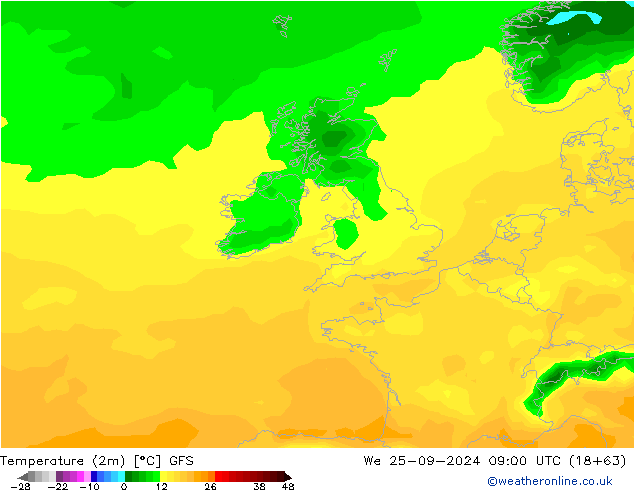 Temperatura (2m) GFS Qua 25.09.2024 09 UTC