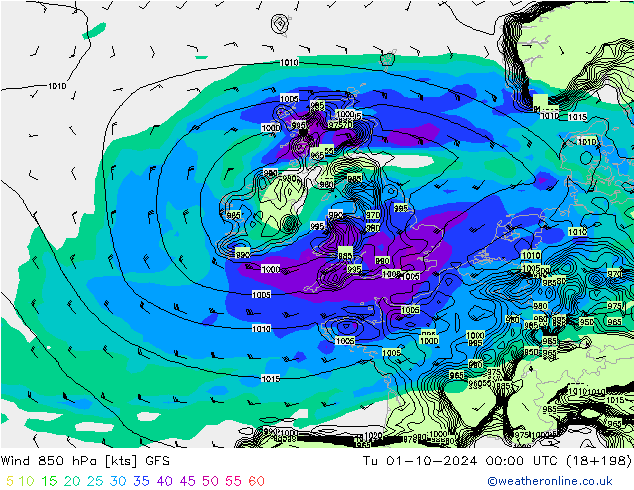 Wind 850 hPa GFS di 01.10.2024 00 UTC