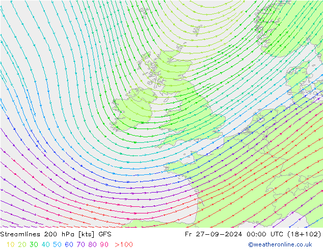 Streamlines 200 hPa GFS Fr 27.09.2024 00 UTC