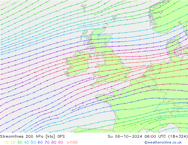 Linia prądu 200 hPa GFS nie. 06.10.2024 06 UTC