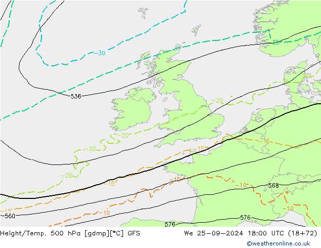 Z500/Rain (+SLP)/Z850 GFS mié 25.09.2024 18 UTC