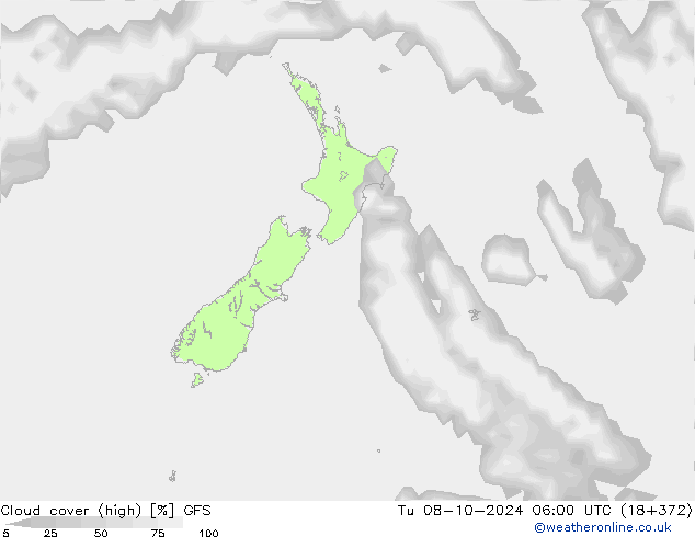 Cloud cover (high) GFS Tu 08.10.2024 06 UTC