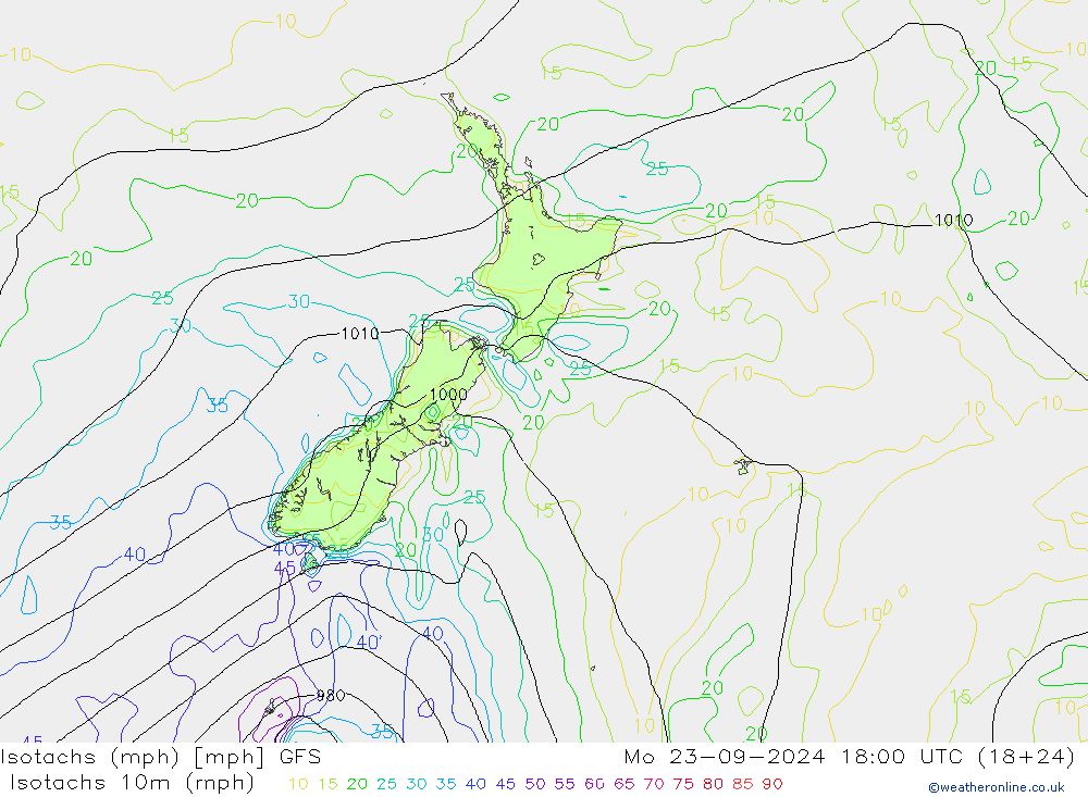 Isotachs (mph) GFS Mo 23.09.2024 18 UTC