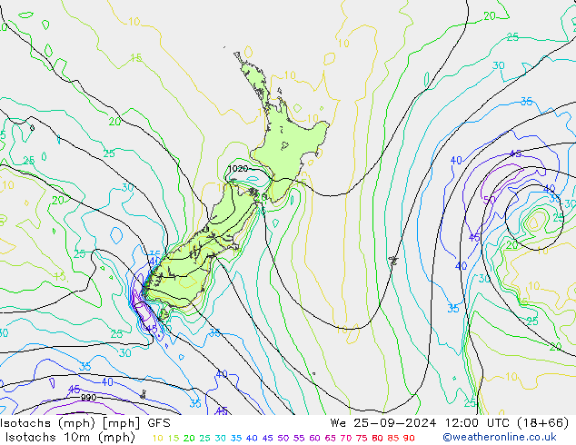 Isotachs (mph) GFS We 25.09.2024 12 UTC