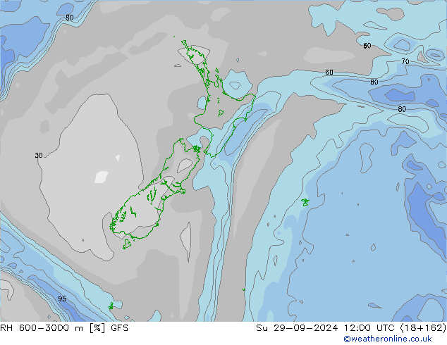 Humedad rel. 600-3000m GFS dom 29.09.2024 12 UTC