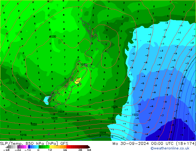 SLP/Temp. 850 hPa GFS Seg 30.09.2024 00 UTC