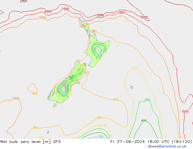 Wet bulb zero level GFS Fr 27.09.2024 18 UTC