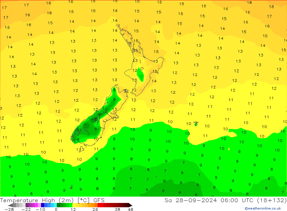 Temperature High (2m) GFS Sa 28.09.2024 06 UTC