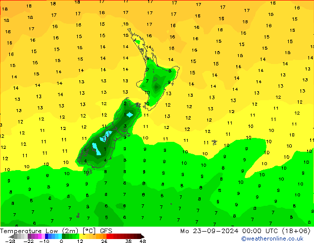 Min.temperatuur (2m) GFS ma 23.09.2024 00 UTC