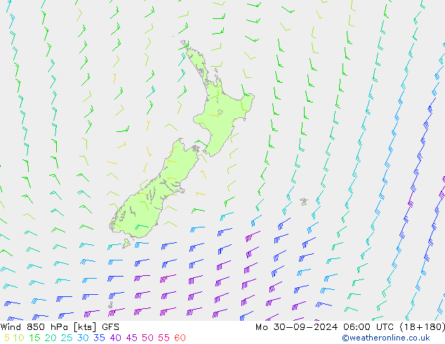 Vent 850 hPa GFS lun 30.09.2024 06 UTC