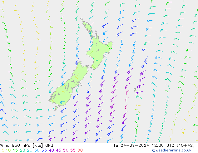 Wind 950 hPa GFS Út 24.09.2024 12 UTC