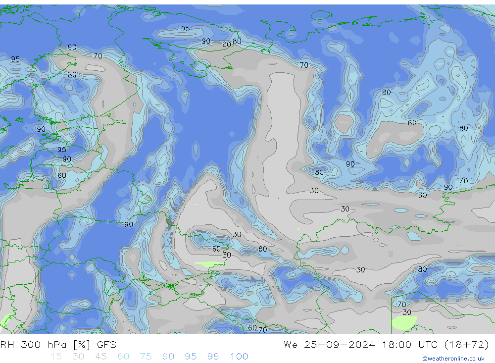 RH 300 hPa GFS Qua 25.09.2024 18 UTC